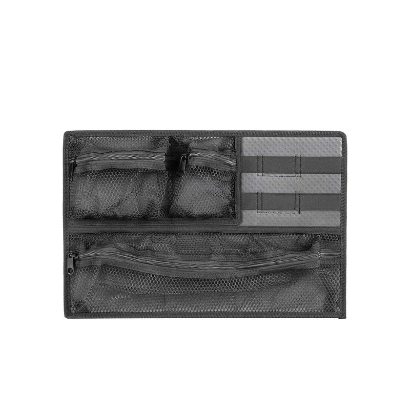 Front view of the MAX430 lid organiser showing the mesh pockets, zips and webbing strips