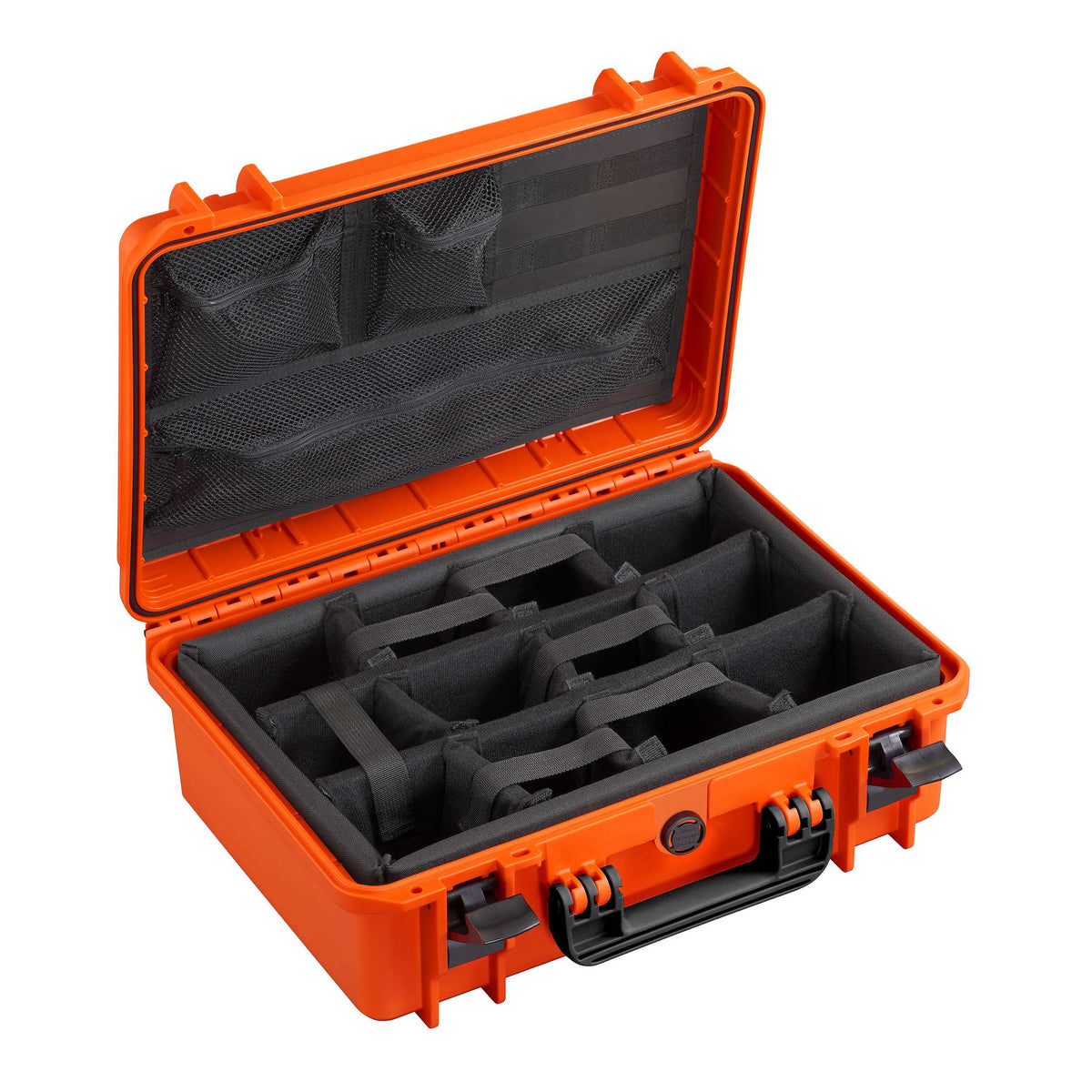 Open orange MAX430CAMORG with black padded dividers in the base and a zip mesh organiser across the lid