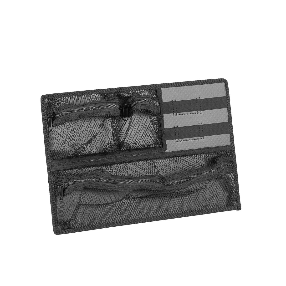 MAX430 lid organiser panel with two mesh zip pouches, a long zip pocket and webbing strips
