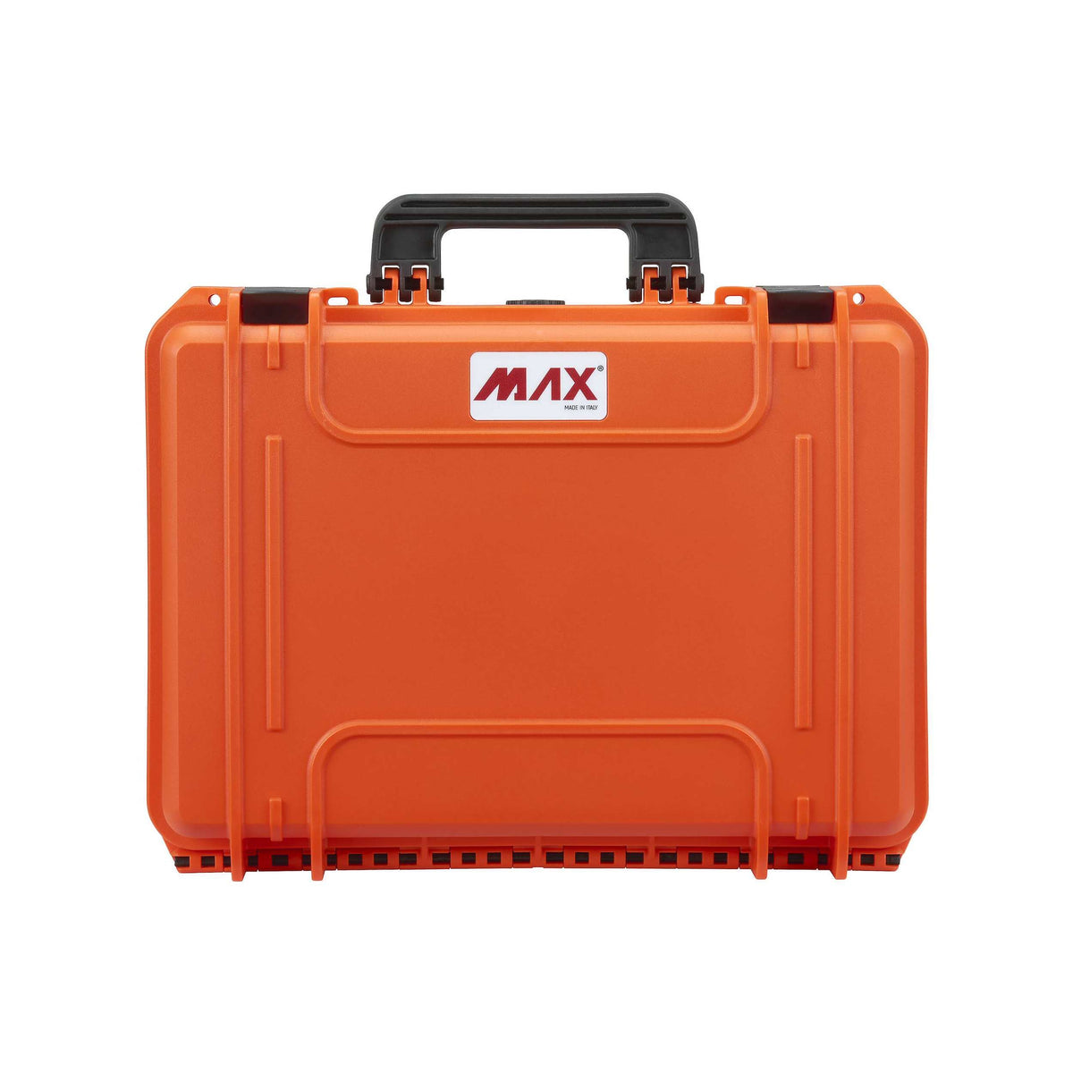 Lid face of the orange MAX430 straight on, MAX logo panel and black handle