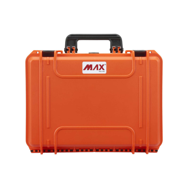 Lid face of the orange MAX430 straight on, MAX logo panel and black handle