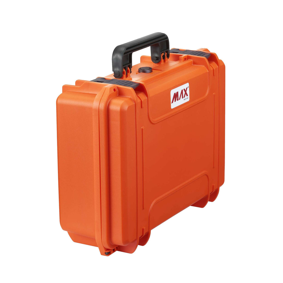 Orange MAX430 standing at an angle, showing the side and the black carry handle