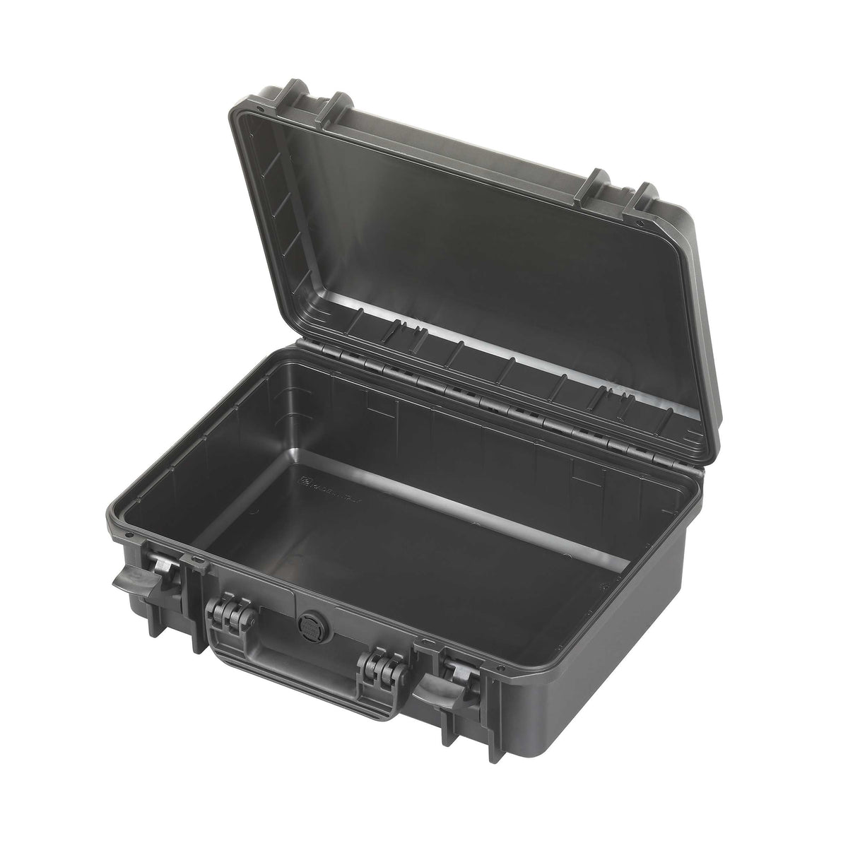 Open empty black MAX430 showing the bare moulded interior, the lid recess and the full length hinge