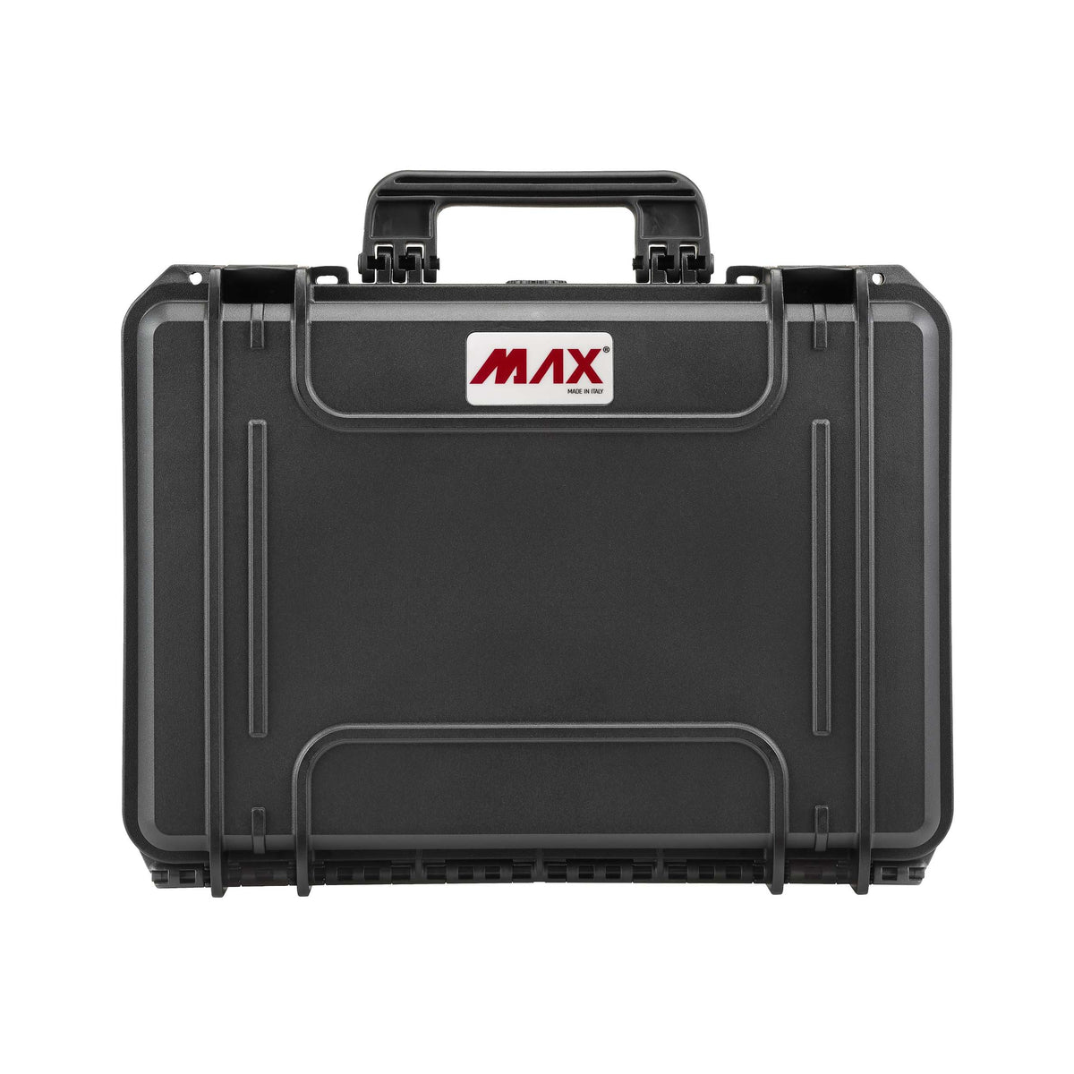 Lid face of the black MAX430 seen straight on, with the MAX logo panel and the handle on the top edge