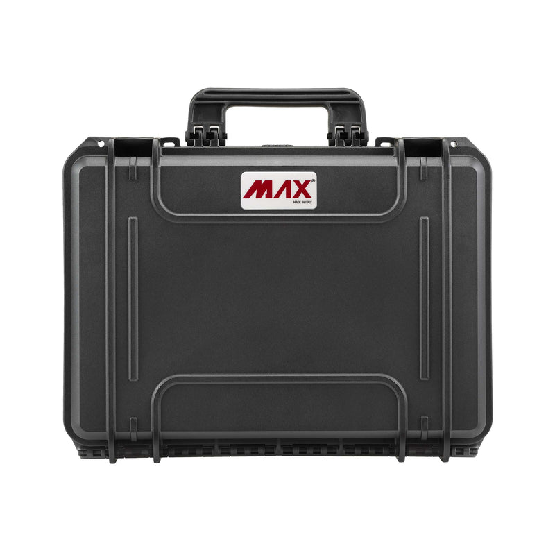 Lid face of the black MAX430 seen straight on, with the MAX logo panel and the handle on the top edge