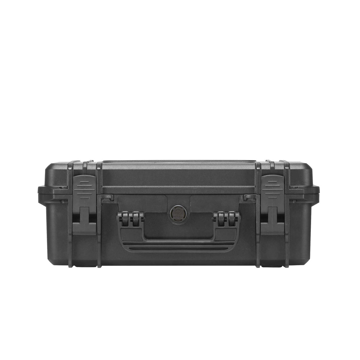 Front edge of the closed black MAX430 showing two double throw latches, the handle and the pressure valve