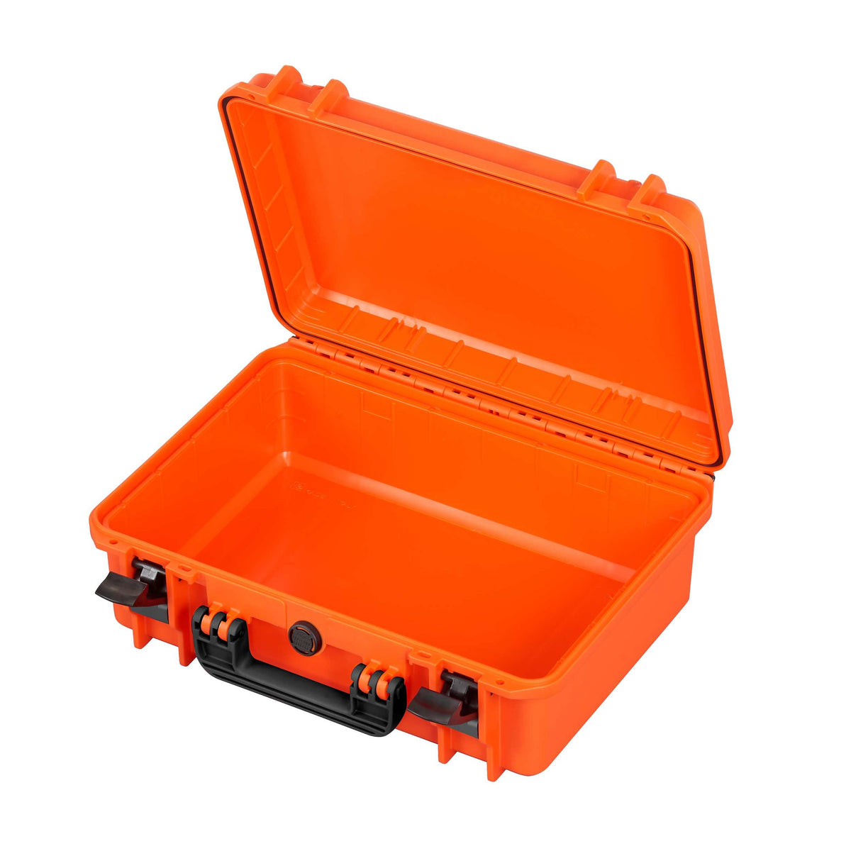 Open empty orange MAX430 showing the bright orange moulded interior and the black latches on the front
