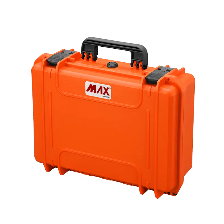 Panaro MAX430 waterproof case in orange, closed front view showing latches and moulded shell