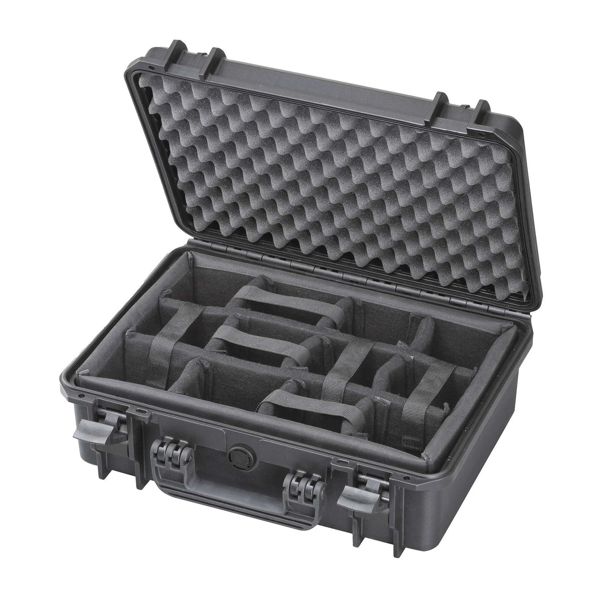 Open black MAX430CAM with a grey padded divider tray in the base and egg crate foam lining the lid
