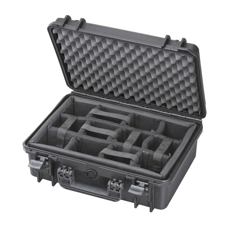 Open black MAX430CAM with a grey padded divider tray in the base and egg crate foam lining the lid