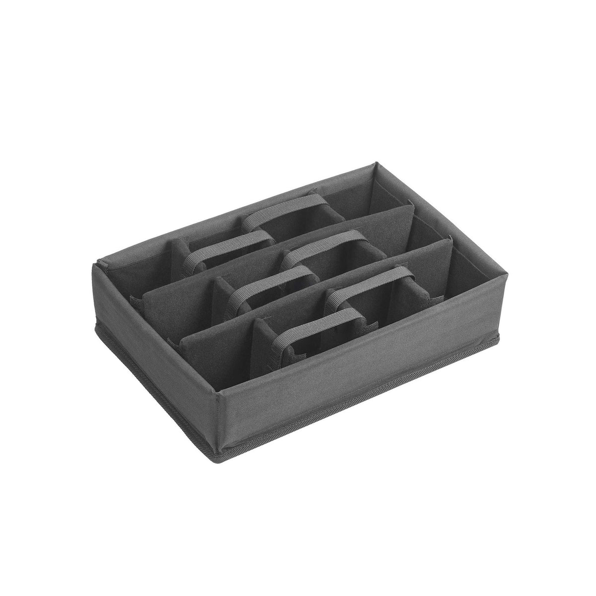 The MAX430 padded divider tray out of the case, grey fabric walls dividing it into several bays