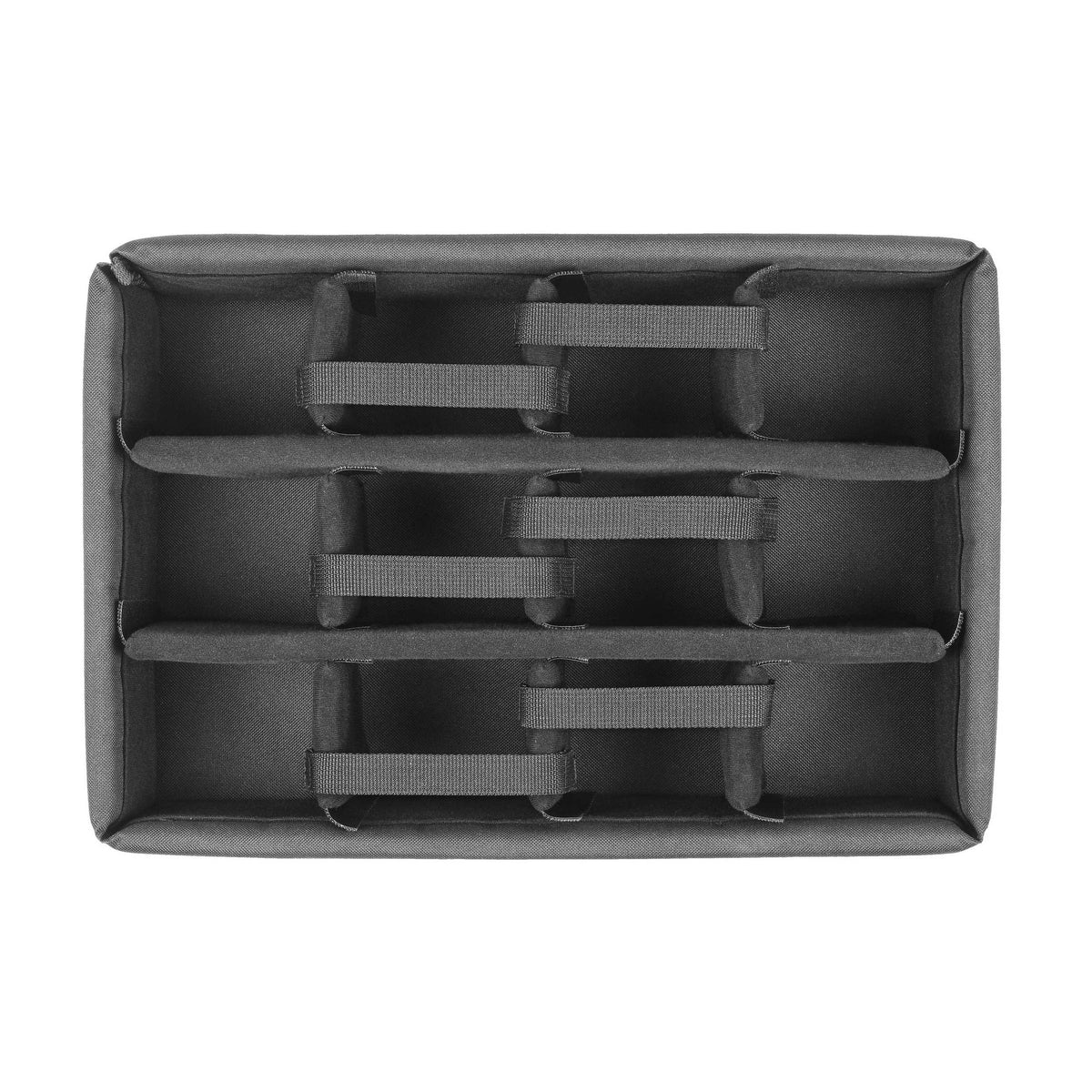 Top view of the MAX430 divider tray showing three rows of bays and the tabs holding each partition