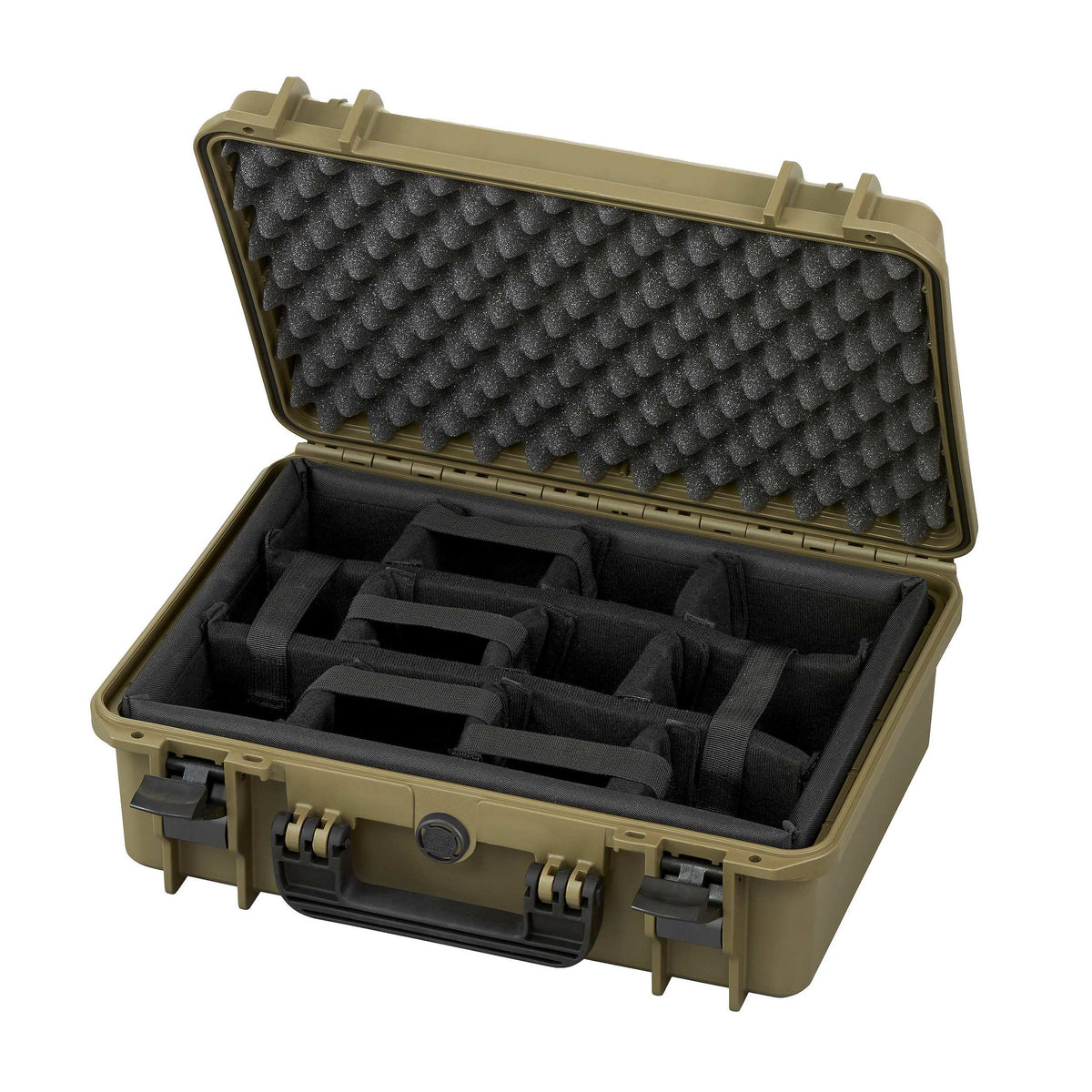Open sahara MAX430CAM with black padded camera dividers in the base and dark egg crate foam in the lid
