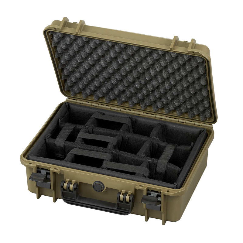 Open sahara MAX430CAM with black padded camera dividers in the base and dark egg crate foam in the lid
