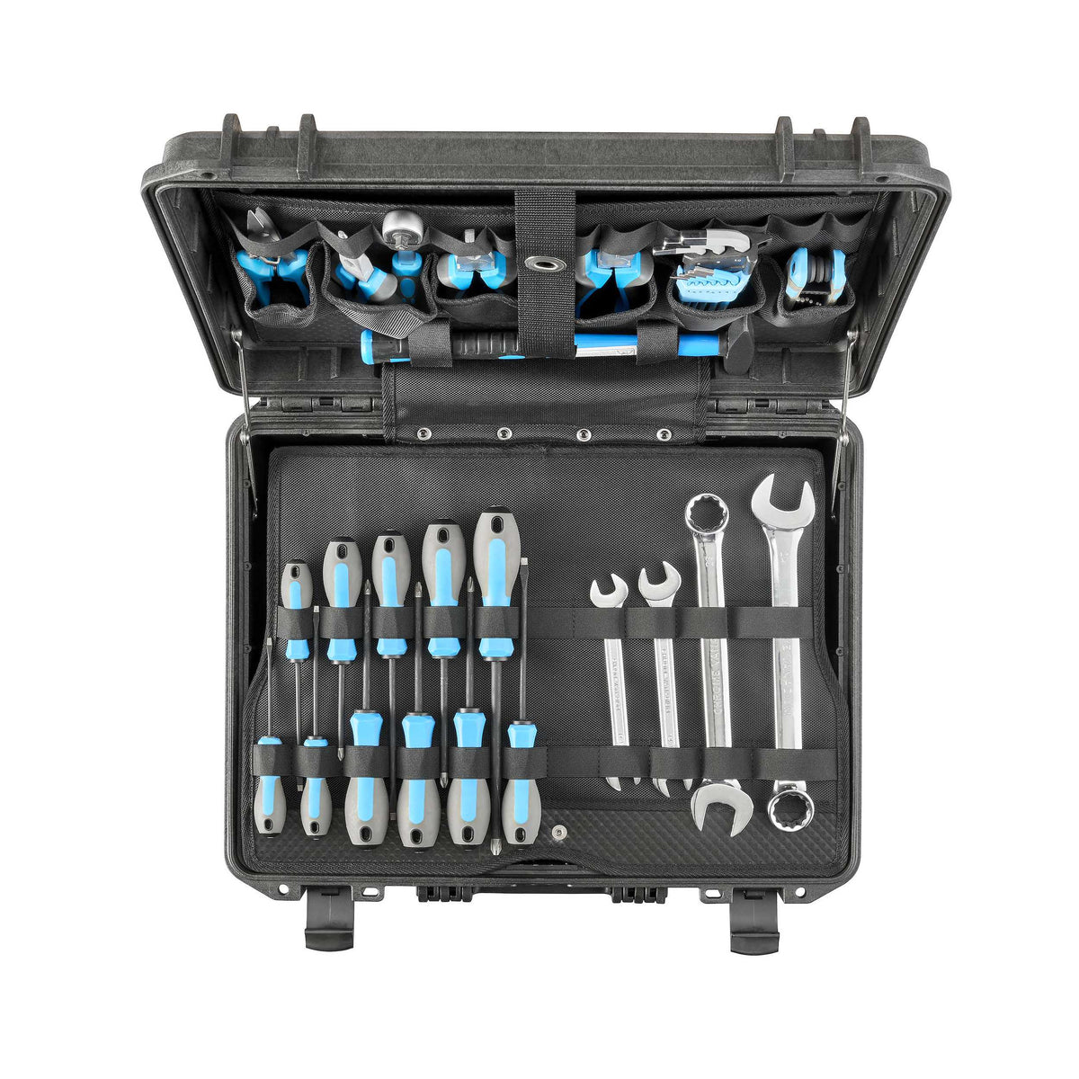 Top view of the MAX465H220PATR loaded with tools: pliers and a hammer in the lid pockets, screwdrivers and spanners held on the panel