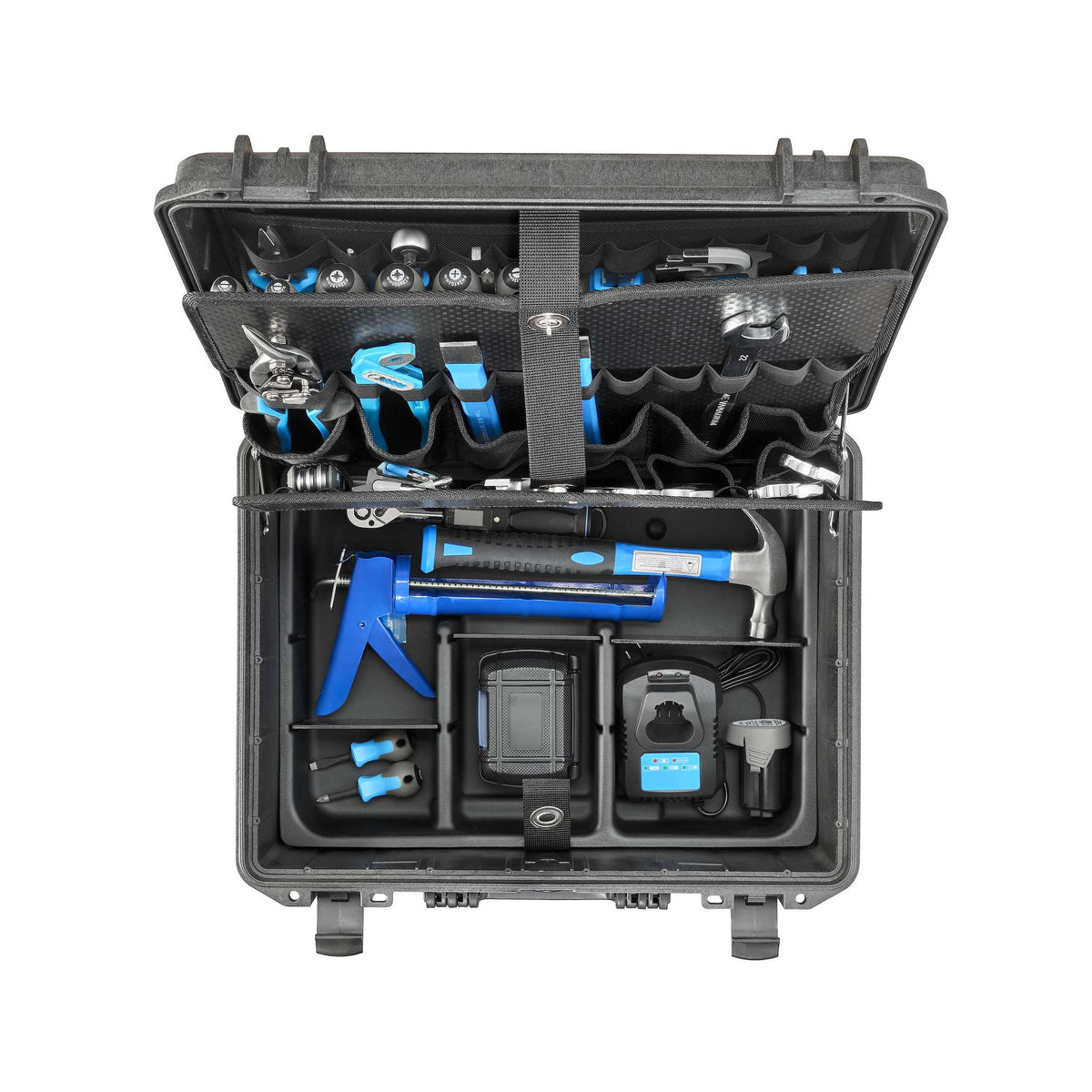 MAX465H220PATR from above with the panels lifted, showing a caulking gun, a hammer and a cordless tool battery in the divided base tray