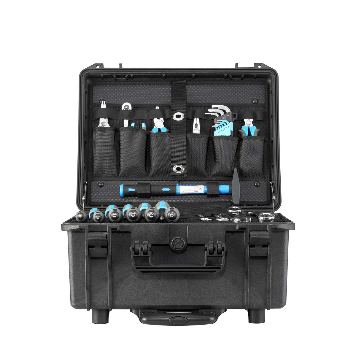 Front view of the MAX465H220PATR with pliers, hex keys and a hammer in the lid and sockets lined up along the panel edge