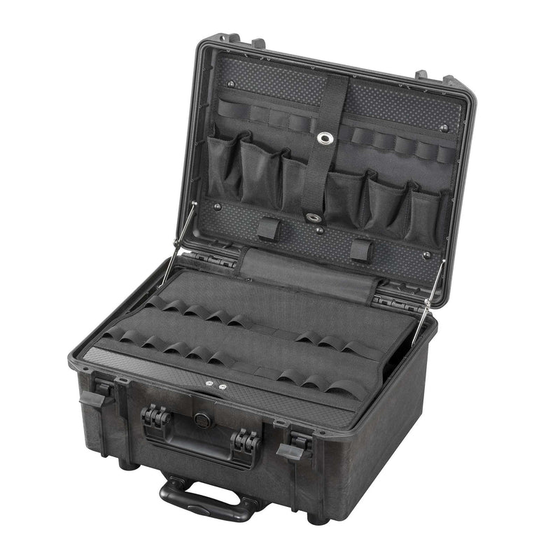 MAX465H220PATR open and empty at an angle, showing the lid pockets and the tool panel with its elastic loops