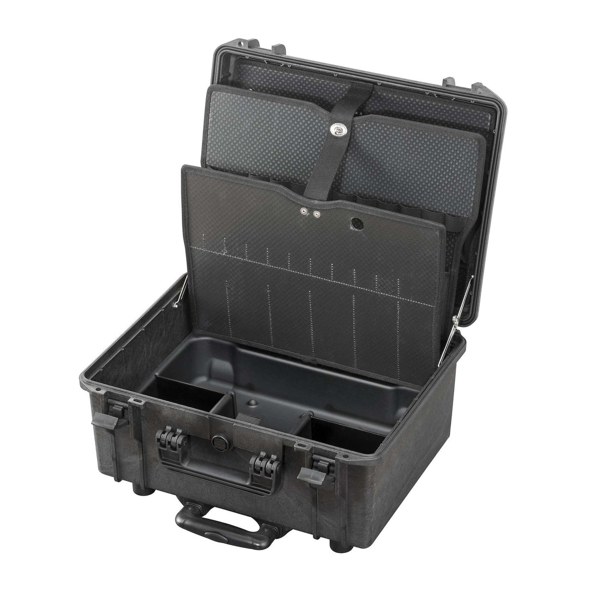 MAX465H220PATR empty with the tool panels raised against the lid, revealing the thermoformed base tray and its dividers