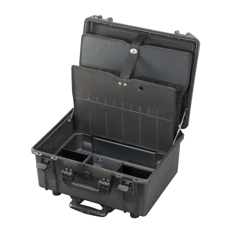 MAX465H220PATR empty with the tool panels raised against the lid, revealing the thermoformed base tray and its dividers