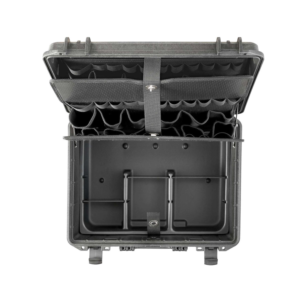 Top view of the empty MAX465H220PATR with panels folded up, showing the lid pockets and the base tray layout