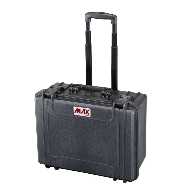 Black Panaro MAX465H220 trolley case closed with the extendable handle raised, the shell of the MAX465H220STR
