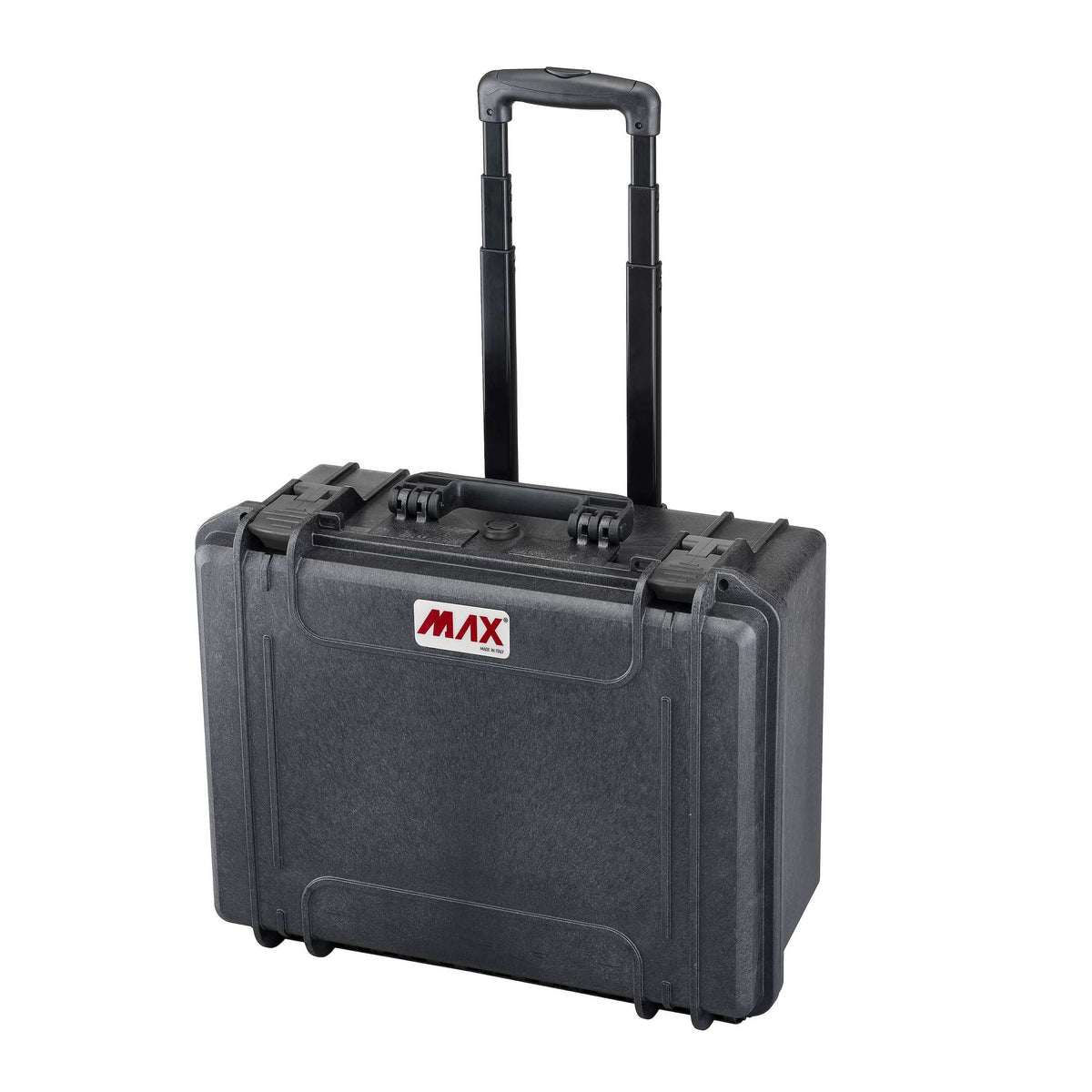 Panaro MAX465H220 black watertight case closed, standing upright with the extendable trolley handle raised and the red MAX badge on the lid