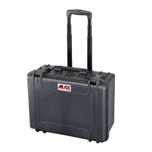 Panaro MAX465H220 black watertight case closed, standing upright with the extendable trolley handle raised and the red MAX badge on the lid