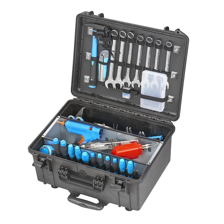 Panaro MAX465H220 ZPU tool case open: steel tray of screwdrivers in the base and spanners on the lid tool panel. Tools shown for illustration and not included