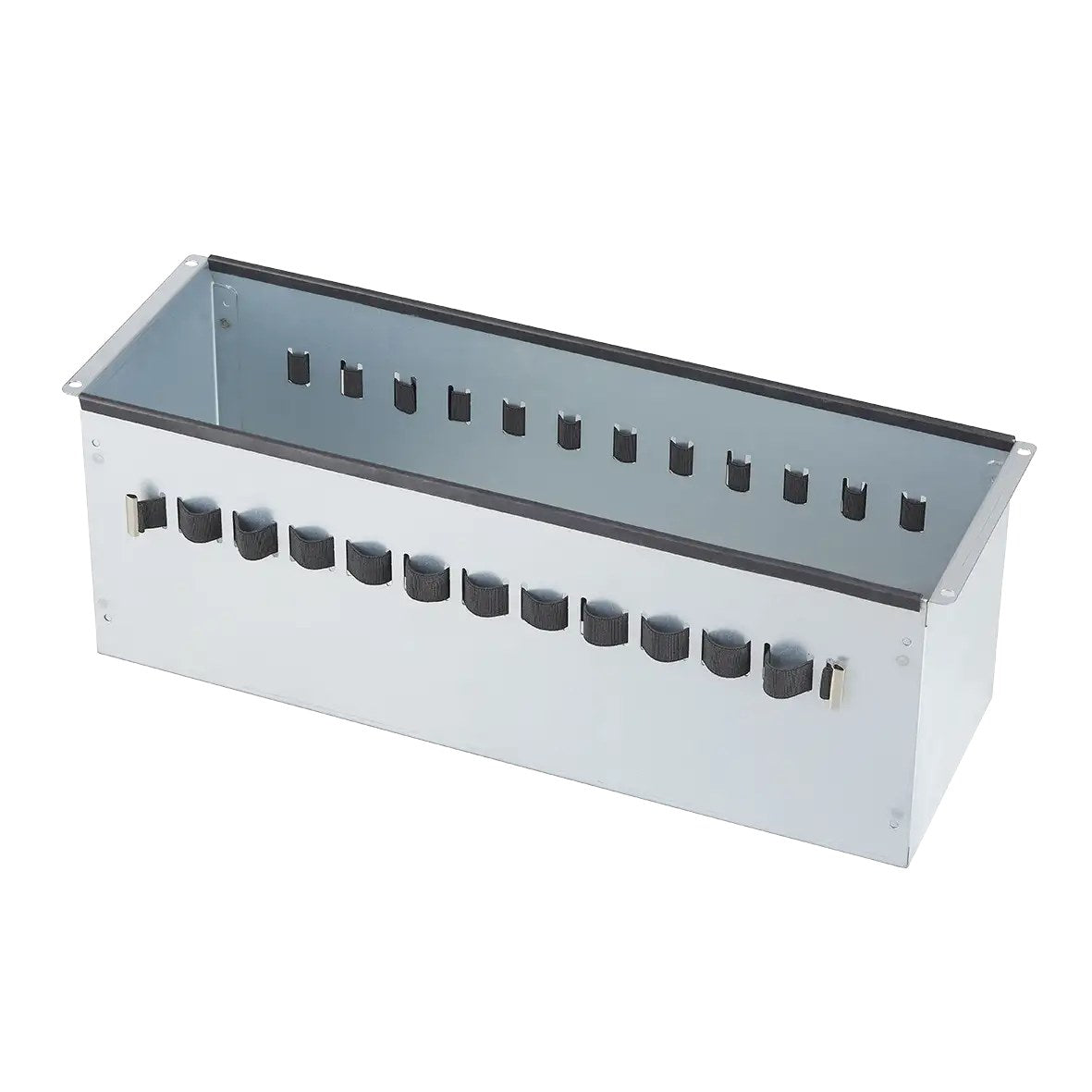Empty galvanised steel tool tray from the Panaro ZPU kit with a row of slots along the front edge for screwdriver shafts