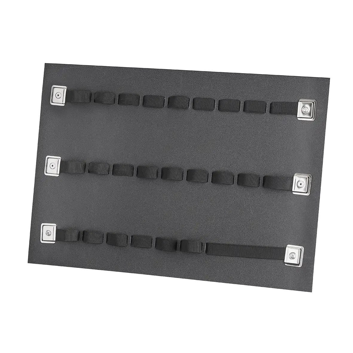 Panaro ZPU lid tool panel, a black board with three rows of elastic loops and metal fixing corners, shown empty