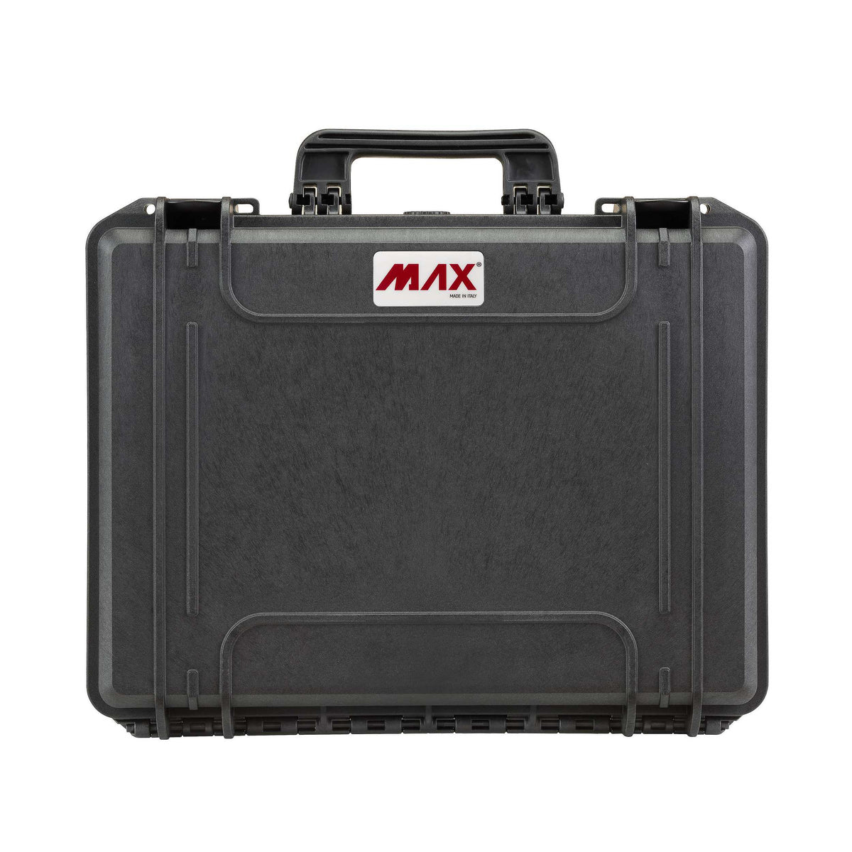 Front view of a black MAX465 lid with carry handle, latches and red MAX badge