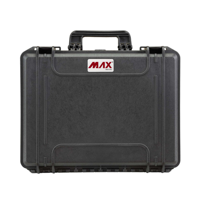 Front view of a black MAX465 lid with carry handle, latches and red MAX badge