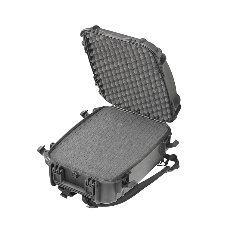 Panaro MAX485S black case open with grey cubed foam in the base and convoluted foam in the lid
