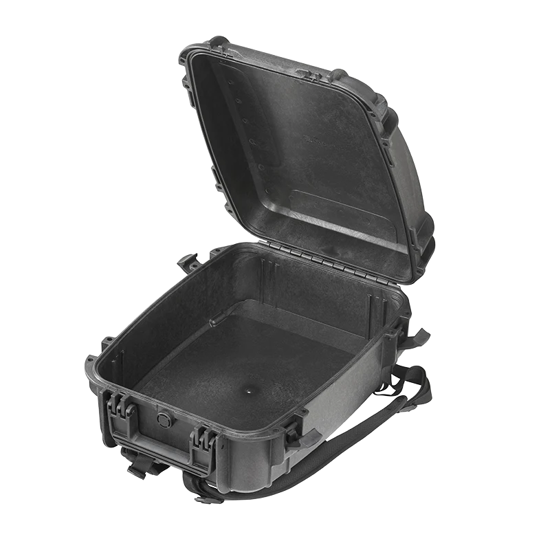Panaro MAX485 black case open and empty, showing the plain interior and the inside of the lid