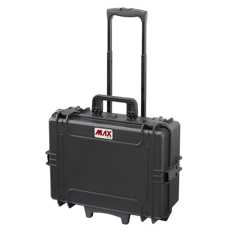 Black Panaro MAX505 trolley case upright, telescopic handle extended, as supplied for the MAX505CAMORGTR