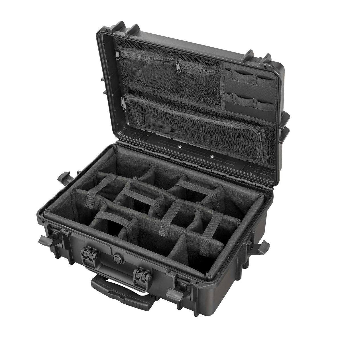 Panaro MAX505CAMORGTR black open: padded divider bays below and a zip mesh organiser in the lid