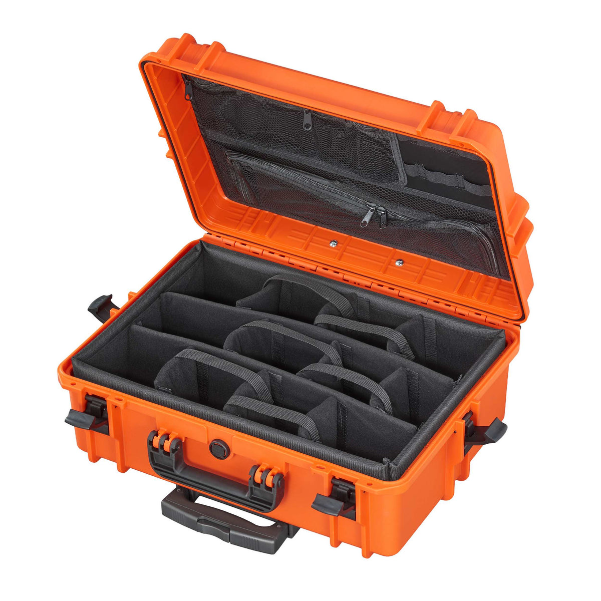 Orange Panaro MAX505CAMORGTR open, black padded dividers in the base and a zip organiser in the lid