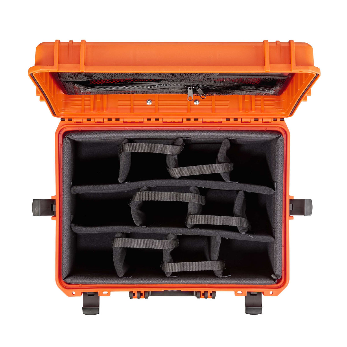 Looking straight into the open orange MAX505CAMORGTR: divider bays below, organiser pockets in the raised lid
