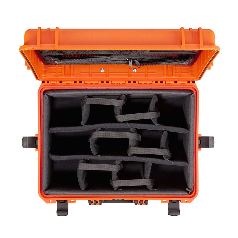 Looking straight into the open orange MAX505CAMORGTR: divider bays below, organiser pockets in the raised lid