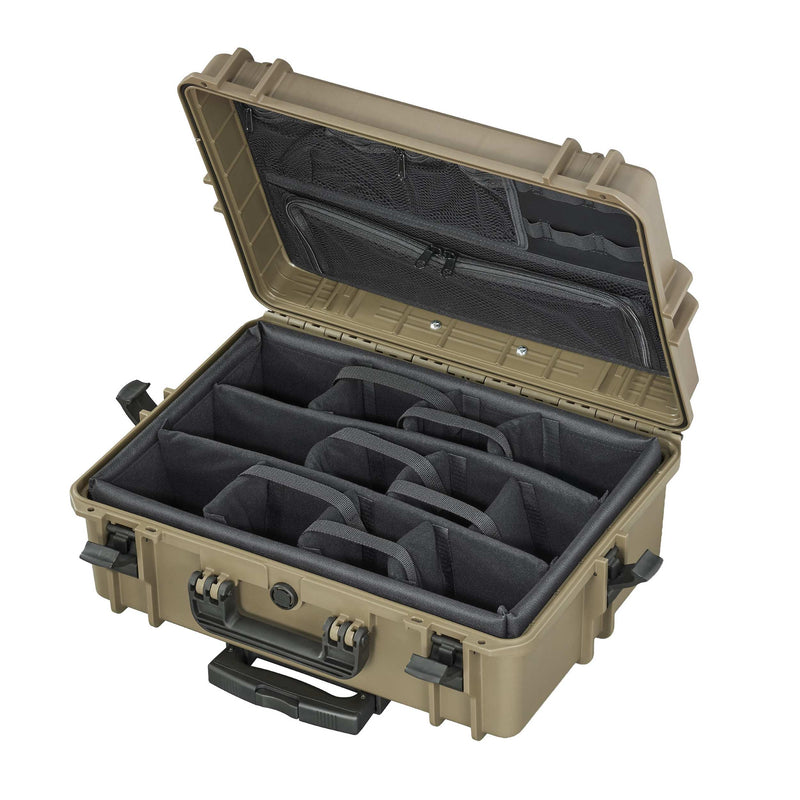 Sahara Panaro MAX505CAMORGTR open: padded dividers in the base, zipped organiser across the lid