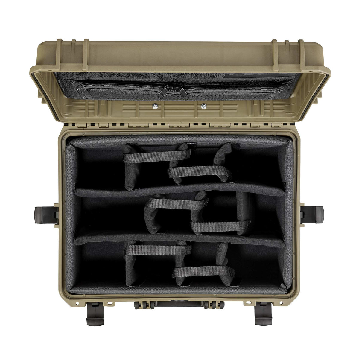 Overhead view into the open Sahara MAX505CAMORGTR showing the divider bays and lid organiser
