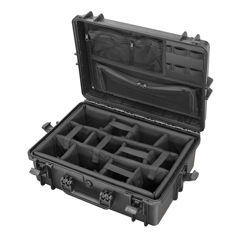 Panaro MAX505CAMORG black case open: padded dividers in the base and a zip mesh organiser across the lid