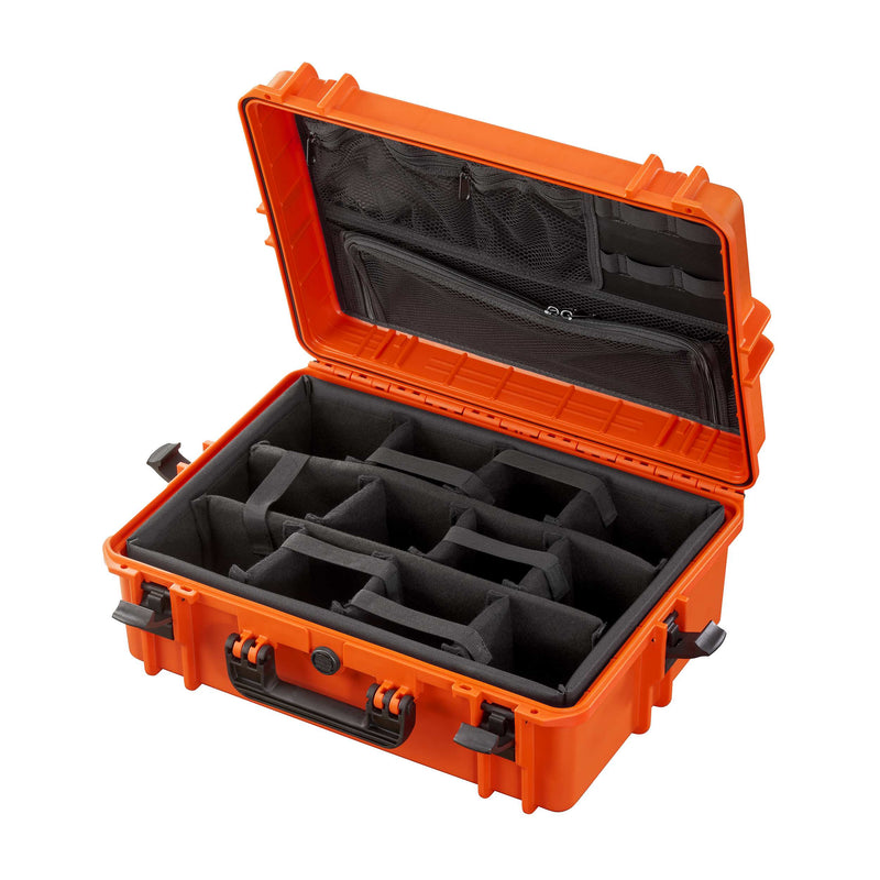 Orange Panaro MAX505CAMORG open with black padded dividers below and a mesh zip organiser in the lid