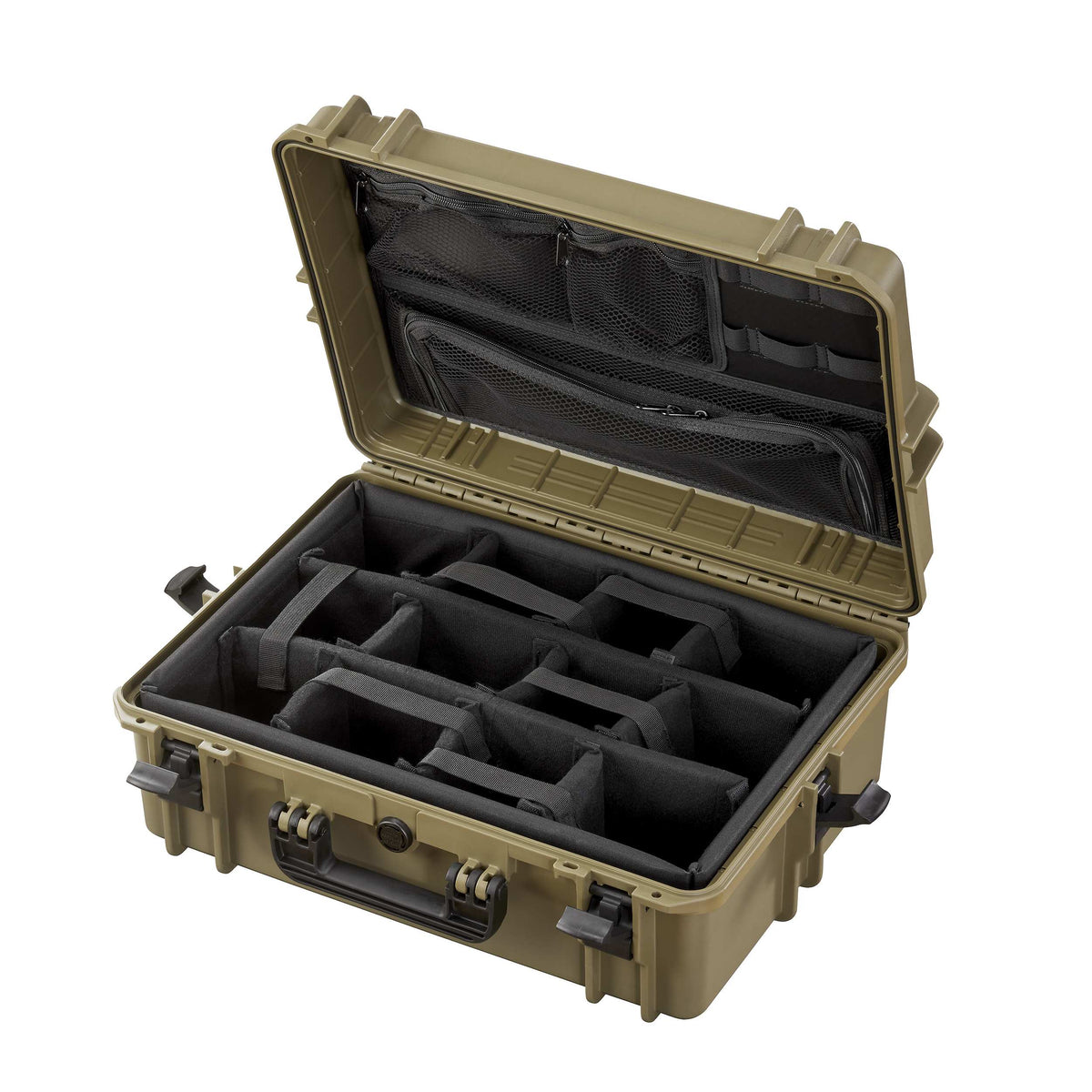 Sahara Panaro MAX505CAMORG open: padded dividers fill the base, a zipped organiser lines the sand coloured lid