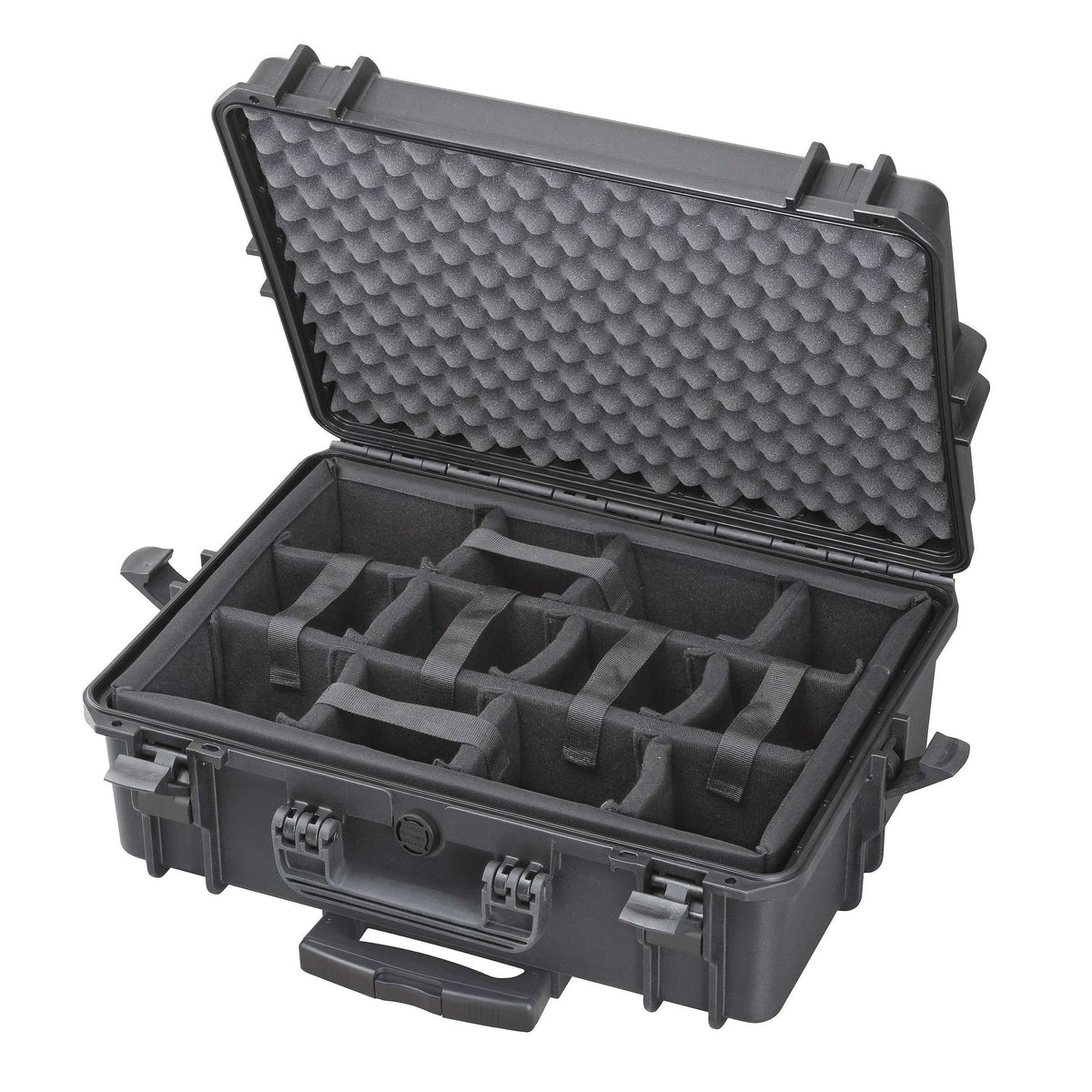 Panaro MAX505CAMTR black open, padded dividers in the base, convoluted lid foam and the trolley handle at the back