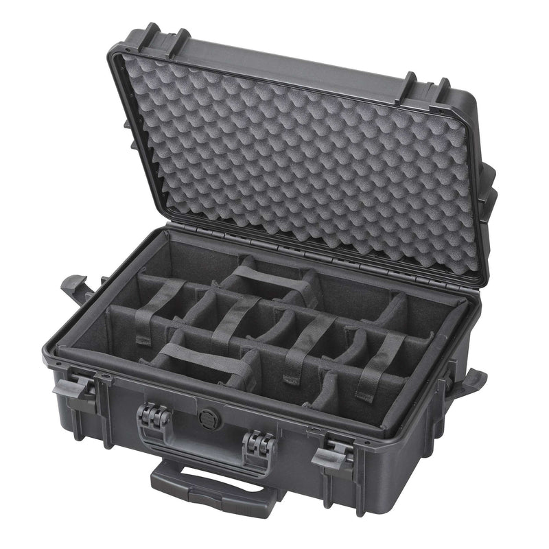 Panaro MAX505CAMTR black open, padded dividers in the base, convoluted lid foam and the trolley handle at the back