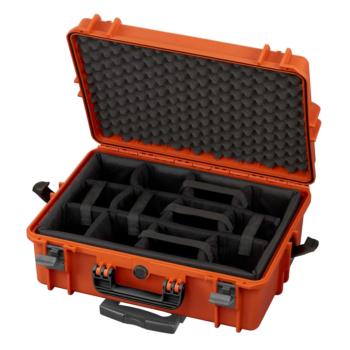 Orange Panaro MAX505CAMTR open with black padded dividers and grey egg crate lid foam