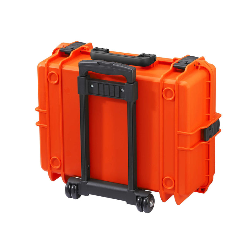 Rear of the orange Panaro MAX505 trolley case showing the folded handle and wheels