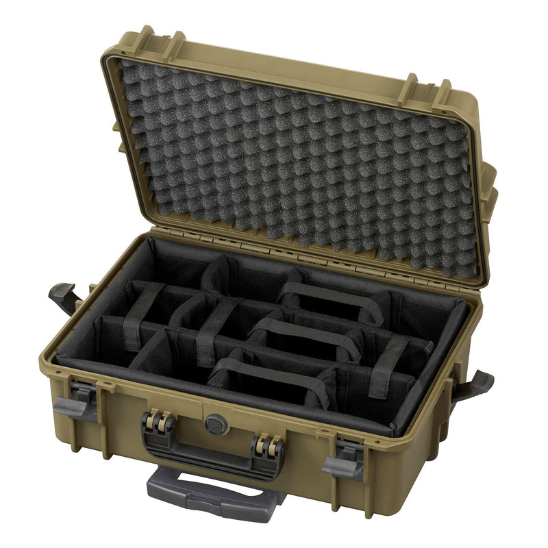 Sahara Panaro MAX505CAMTR open, black padded dividers in the base and convoluted foam in the lid